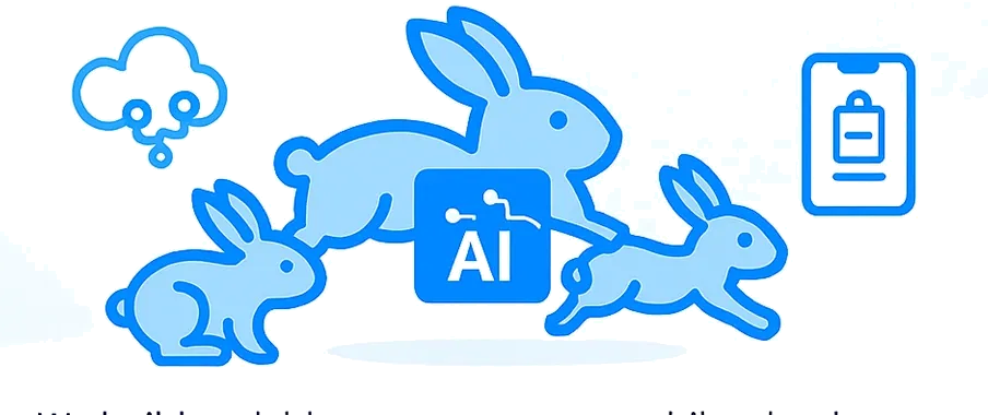 TechBunny bunnies hopping over an AI badge, representing fast, intelligent, scalable execution